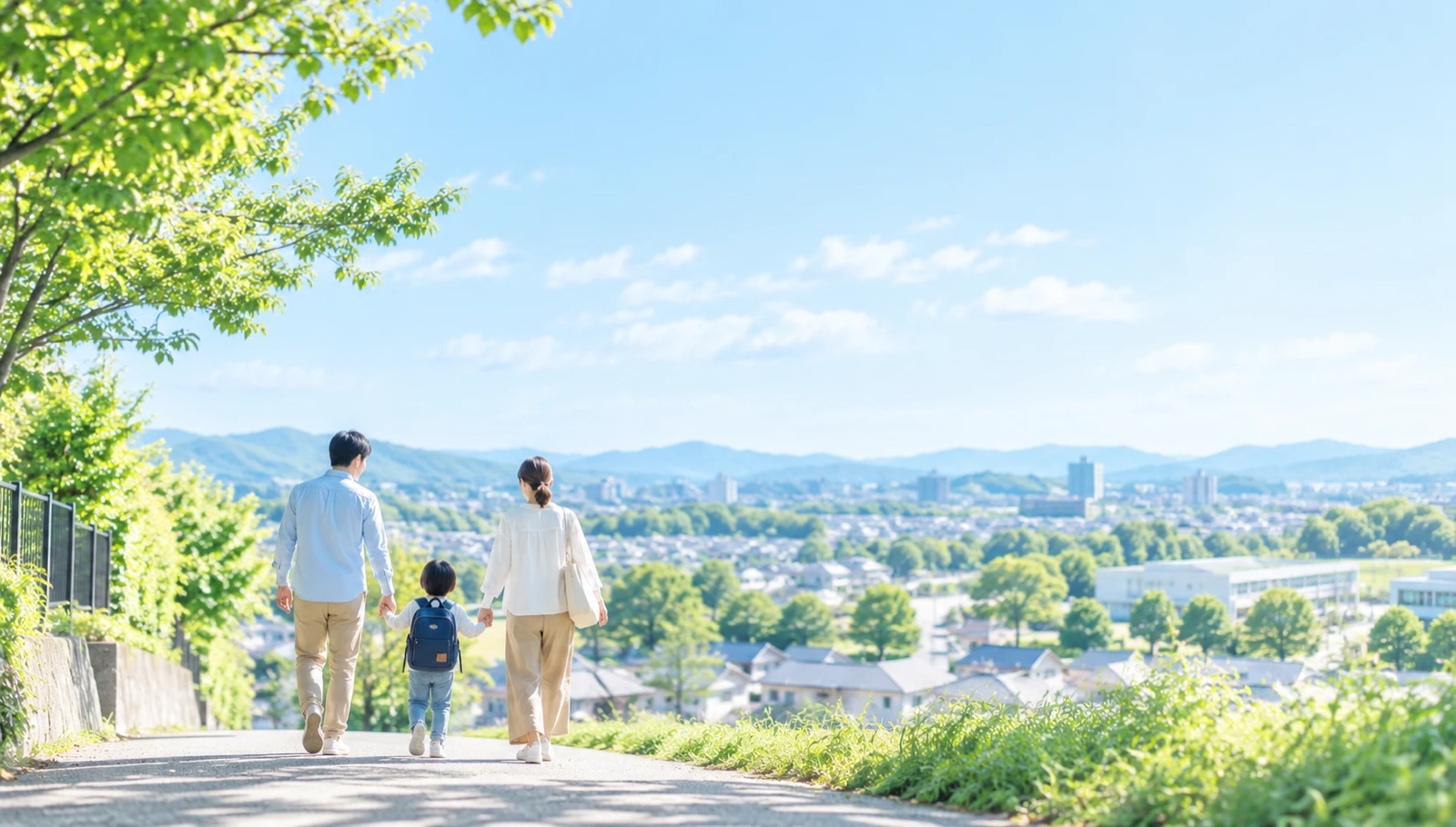 街を見下ろす道を、手をつないで歩く親子